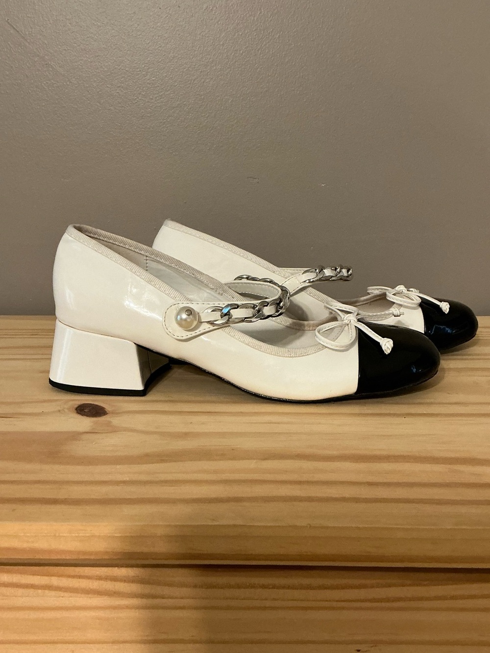 Miu Miu White and Black Patent Mary Jane Block Heel Pumps